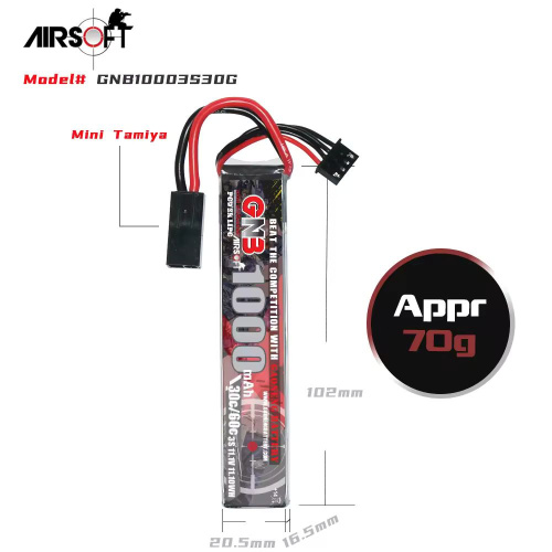 Аккумулятор для страйкбола Li-po GNB 1000MAH 3S1P 11.1V 30C 16.5x20.5x102mm Mini Tamiya