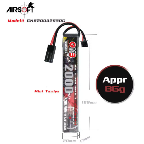 Аккумулятор для страйкбола Li-po GNB 2000MAH 2S1P 7.4V 30C 17x20x129mm Mini Tamiya