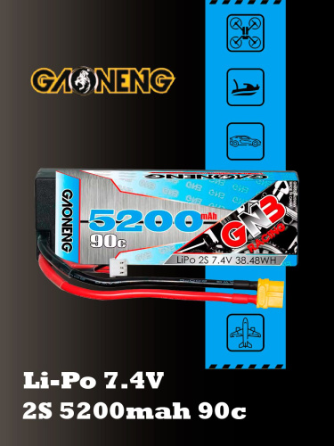 Аккумулятор Li-po Gaoneng GNB 5200MAH 7.4V 2S1P 90C 25.1x47x139mm XT60