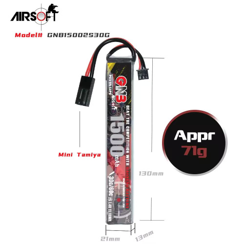 Аккумулятор для страйкбола Li-po GNB 1500MAH 2S1P 7.4V 30C 13x21x128mm Mini Tamiya