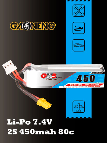Аккумулятор Li-po Gaoneng GNB 450mah 2S1P 7.4V 80C 14x18x63mm XT30