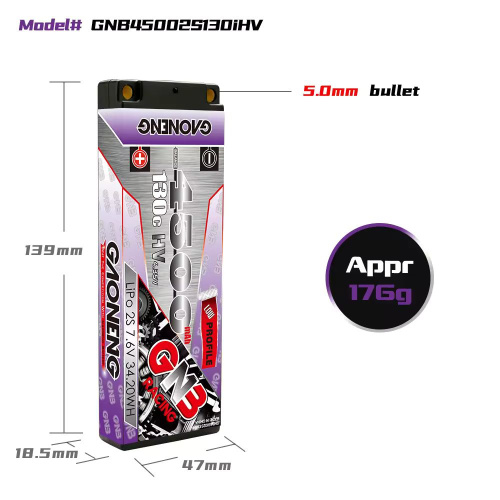 Аккумулятор Li-po GNB 4500MAH 7.6V 2S1P 130C LCG, 18.5x47x139mm XT60