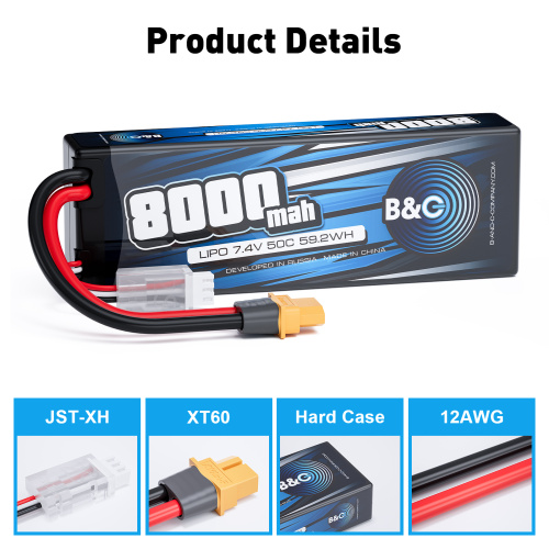 Аккумулятор Li-po B&C 8000 MAH 7.4v (2s), 50C, XT60, Hardcase фото 3