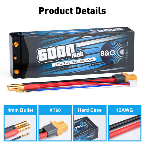 Аккумулятор Li-po B&C 6000 MAH 7.4v (2s), 90C, 4мм + XT60, Hard case фото 3