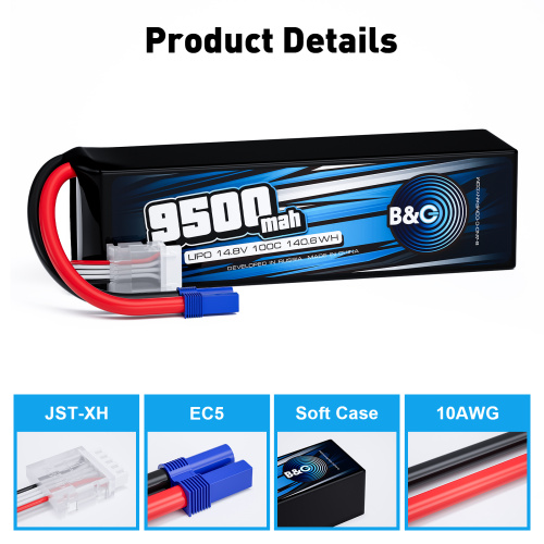 Аккумулятор Li-po B&C 9500 MAH 14.8V (4s) 100C, EC5, Soft case (для Arrma моделей) фото 3