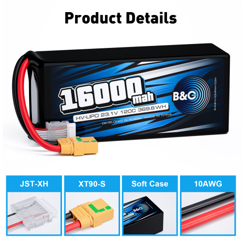 Аккумулятор Lipo B&C 16000 MAH 22.8V (6sHV) 120C, XT90S, Soft case фото 3