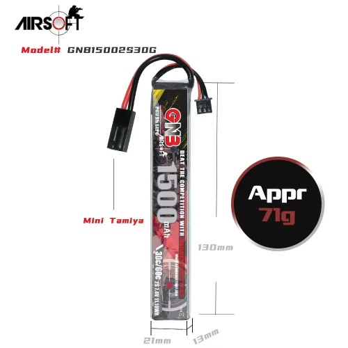 Аккумулятор для страйкбола Li-po Gaoneng GNB 1500MAH 2S1P 7.4V 30C 13x21x128mm Mini Tamiya фото 4