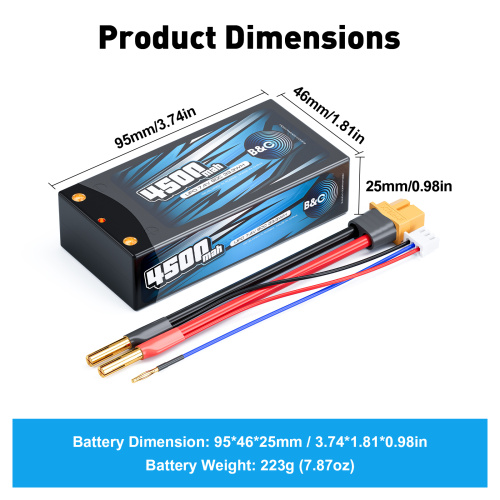 Аккумулятор Li-po B&C 4500 MAH 7.4v (2s) 90С, 4мм + XT60 (Short pack), Hardcase фото 2