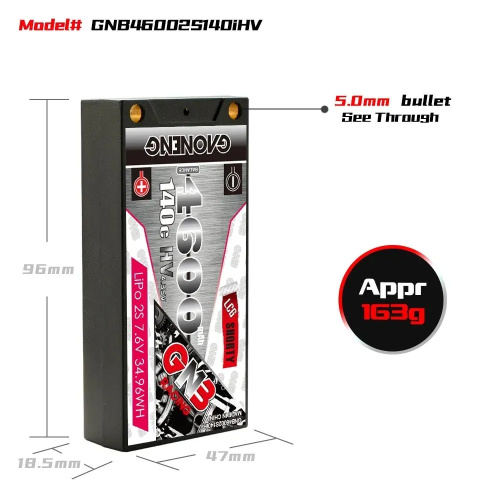 Аккумулятор Li-po Gaoneng GNB 4600MAH 7.6V 2S1P 140C HV 18.5x47x96mm фото 4