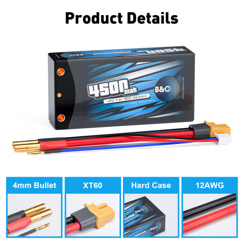 Аккумулятор Li-po B&C 4500 MAH 7.4v (2s) 90С, 4мм + XT60 (Short pack), Hardcase фото 3
