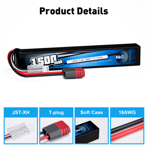 Аккумулятор для страйкбола Li-po B&C 1500 MAH 7.4V (2s) 30C, T-plug, Soft case фото 3