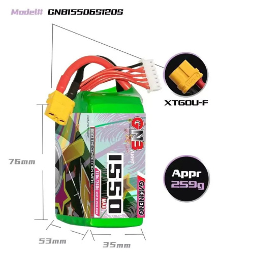 Аккумулятор Li-po Gaoneng GNB 1550mah 6S1P 22.2V 120C 53x35x76mm XT60 фото 4