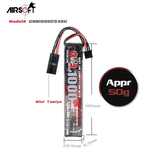 Аккумулятор для страйкбола Li-po Gaoneng GNB 1000MAH 2S1P 7.4V 30C 11.5x20.5x102mm Mini Tamiya фото 4