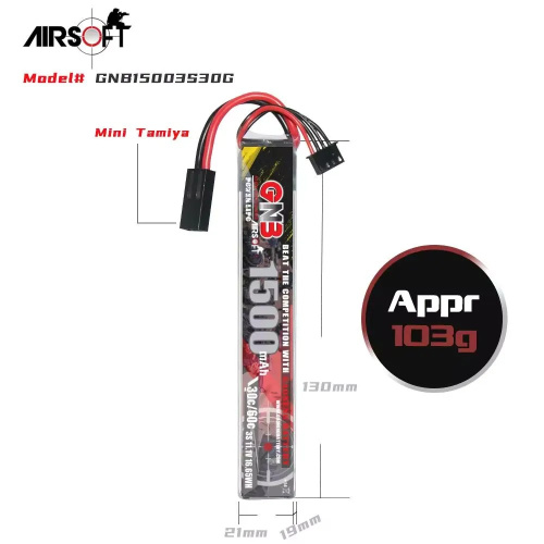 Аккумулятор для страйкбола Li-po Gaoneng GNB 1500MAH 3S1P 11.1V 30C 19x21x130mm Mini Tamiya фото 4