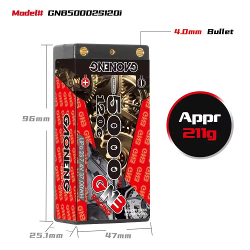 Аккумулятор Li-po Gaoneng GNB 5000MAH 7.4V 2S2P 120C 25.1x47x96mm XT60 фото 4