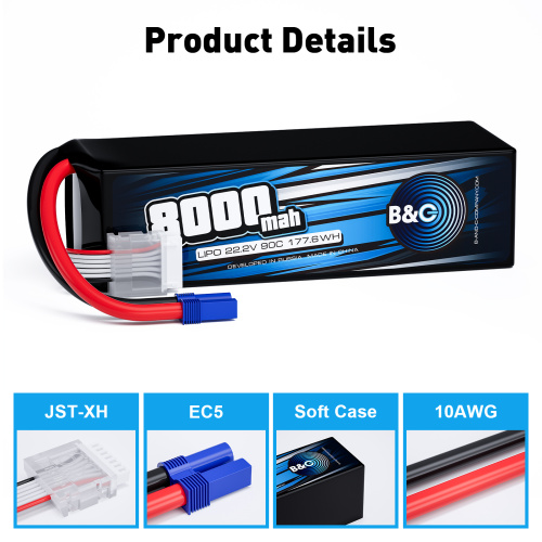 Аккумулятор Li-po B&C 8000 MAH 22.2V (6s) 90C, EC5, Soft case (для FPV дронов) фото 3