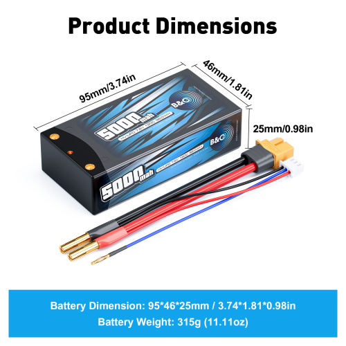Аккумулятор Li-po B&C 5000 MAH 7.6v (2s HV) 120c, 4мм + XT60 (Short pack) Hardcase фото 2