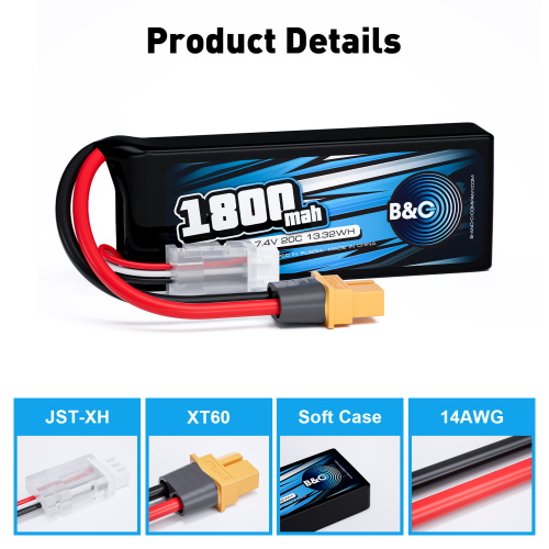 Аккумулятор Li-po B&C 1800 MAH 7.4V (2s) 20C, XT60, Soft case фото 3