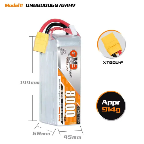 Аккумулятор Li-po Gaoneng GNB 8000mah 6S2P 22.8V HV 70C 68x45x144mm XT60 фото 4
