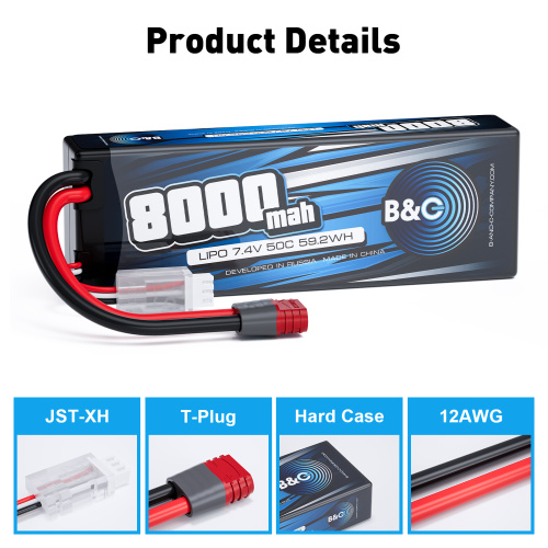 Аккумулятор Li-po B&C 8000 MAH 7.4v (2s), 50C, T-Plug, Hardcase фото 3