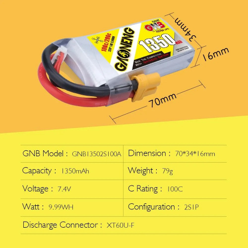 Аккумулятор Li-po Gaoneng GNB 1350mah 2S1P 7.4V 100C 16x34x70mm фото 4