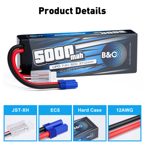 Аккумулятор Li-po B&C 5000 MAH 7.4v (2s), 50C, EC5, Hard case фото 3