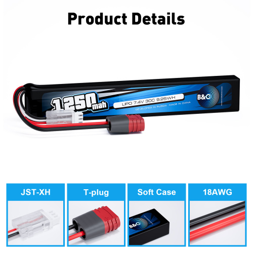 Аккумулятор для страйкбола Li-po B&C 1250 MAH 7.4V (2s) 30C, T-plug, Soft case фото 3