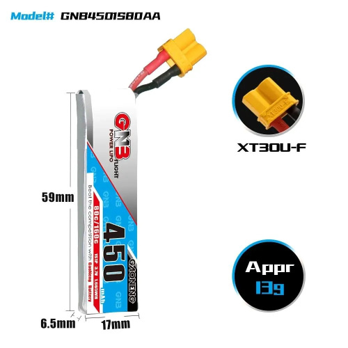 Аккумулятор Li-po Gaoneng GNB 450mah 1S1P 3.7V 80C 6x17x59mm фото 2