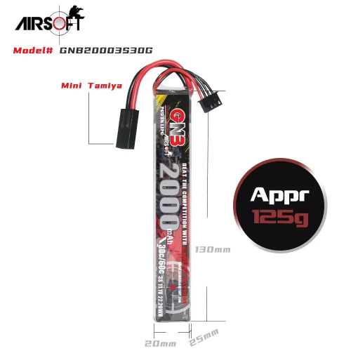 Аккумулятор для страйкбола Li-po Gaoneng GNB 2000MAH 3S1P 11.1V 30C 25x20x130mm Mini Tamiya фото 4