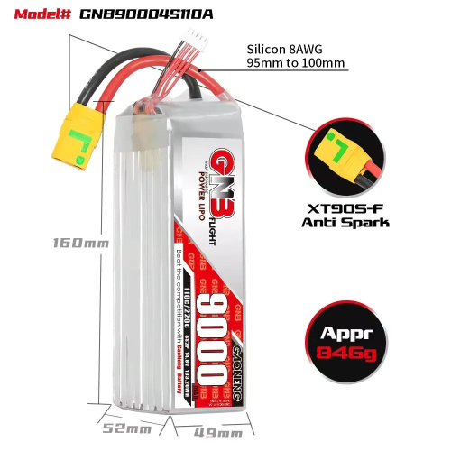 Аккумулятор Li-po Gaoneng GNB 9000mah 4S2P 14.8V 110C 52x49x160mm XT90 фото 5
