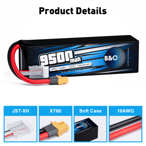 Аккумулятор Li-po B&C 9500 MAH 14.8V (4s) 100C, XT60, Soft case (для FPV дронов) фото 3