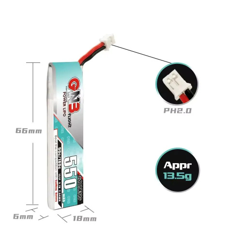 Аккумулятор Li-Po Gaoneng GNB 550mah 1S1P 3.7V 90C PH2.0 6x18x66mm фото 2